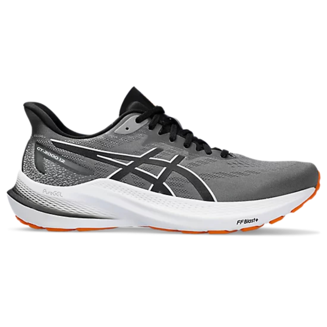 CHAUSSURE DE COURSE ASICS GT-2000 12 POUR HOMME couleur 020-METROPOLIS/BLACK vu de la chaussure droite grise, noire et blanche de profil droit