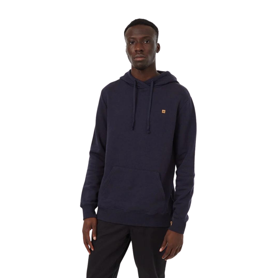 CHANDAIL À CAPUCHON TENTREE TREEFLEECE REYNARD POUR HOMME COULEUR MIDNIGHT BLUE VU DU CHANDAIL BLEU MARIN FONCÉ PORTÉ PAR UN HOMME VU DE LA TÊTE AUX CUISSES DE FACE