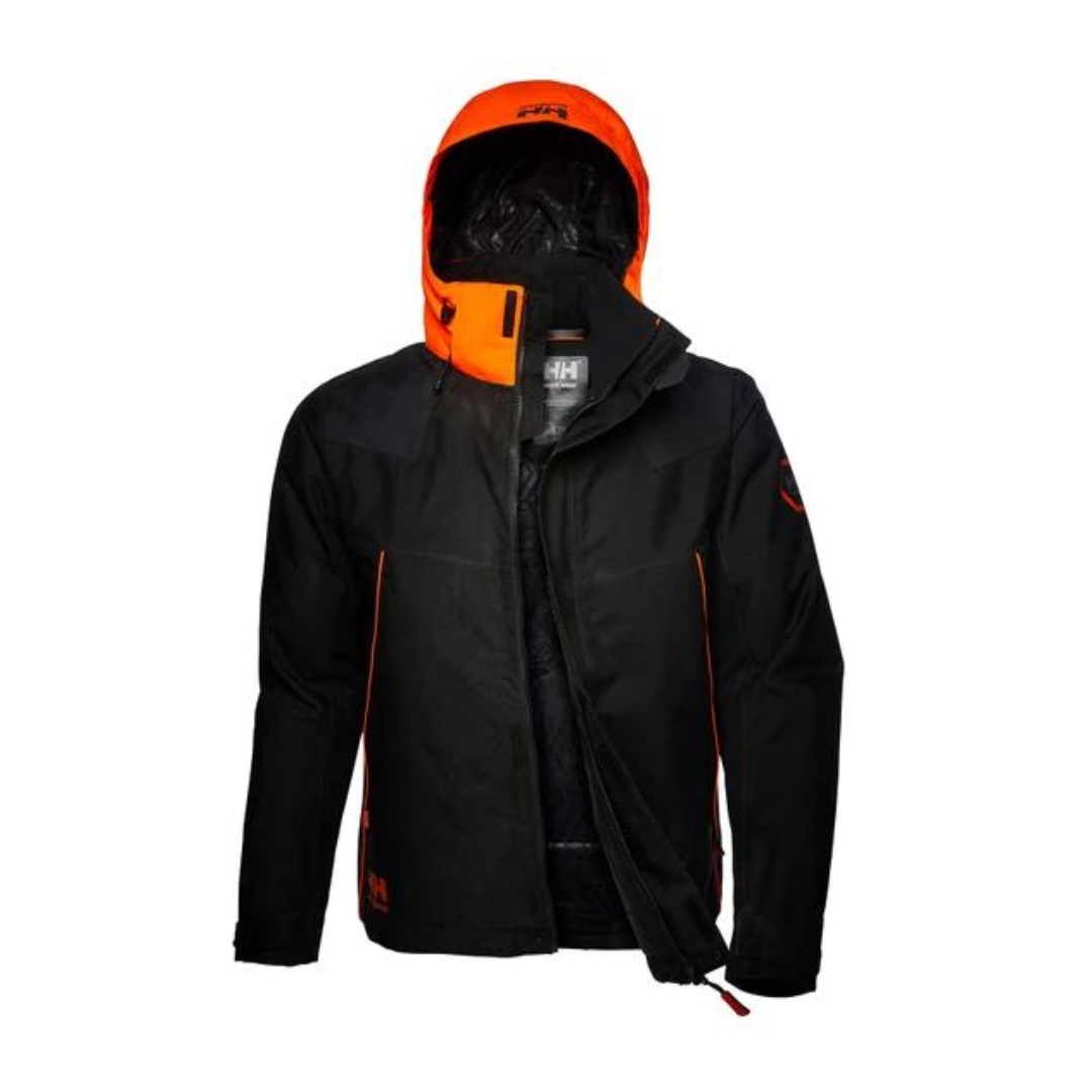 MANTEAU DE TRAVAIL ISOLÉ HELLY HANSEN WORKWEAR CHELSEA EVO POUR HOMME COULEUR EBONY VU DU MANTEAU NOIR ET ORANGE FLUO VU DE FACE