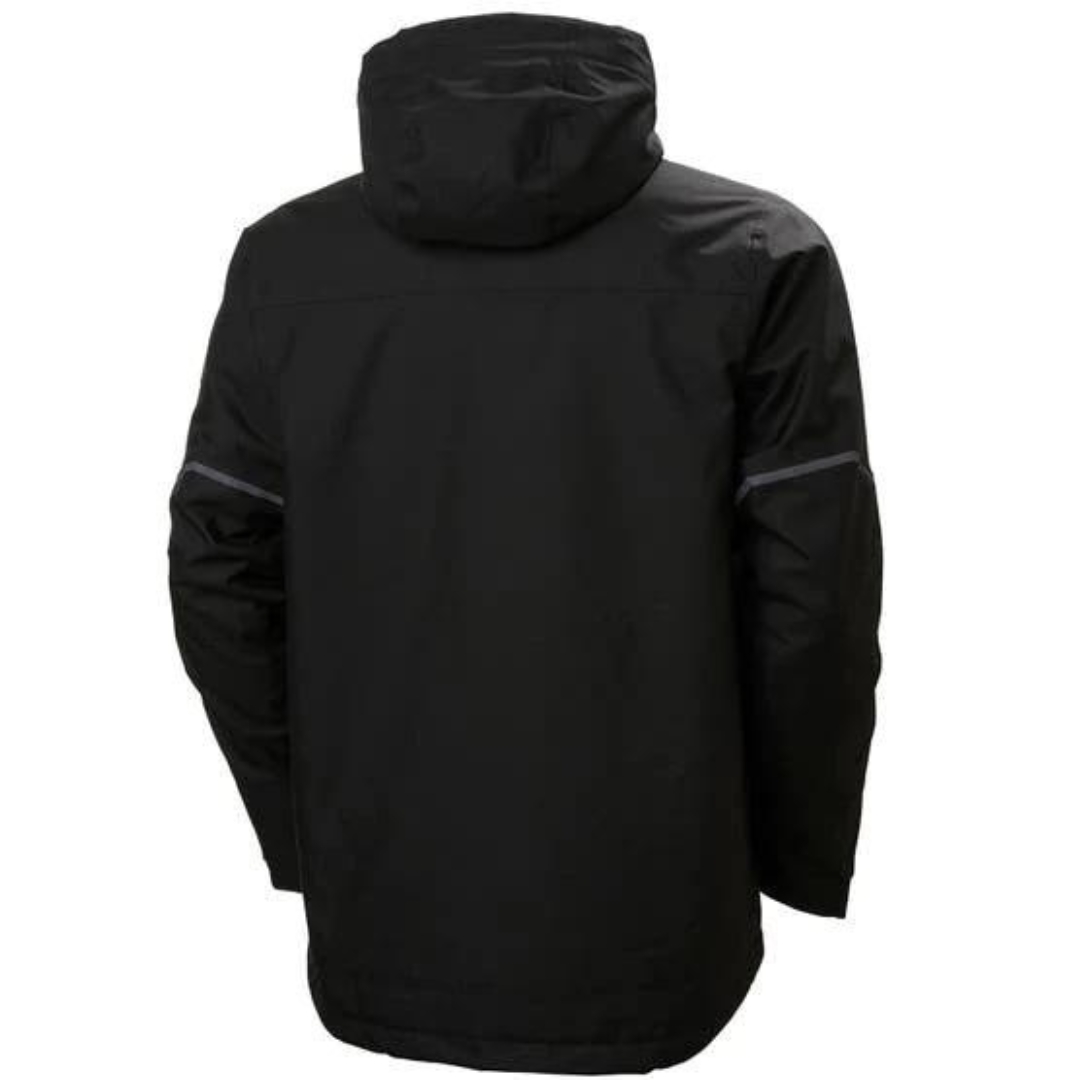 MANTEAU DE TRAVAIL ISOLÉ HELLY HANSEN WORKWEAR KENSINGTON POUR HOMME couleur black vu du manteau noir avec détails orange fluo de dos
