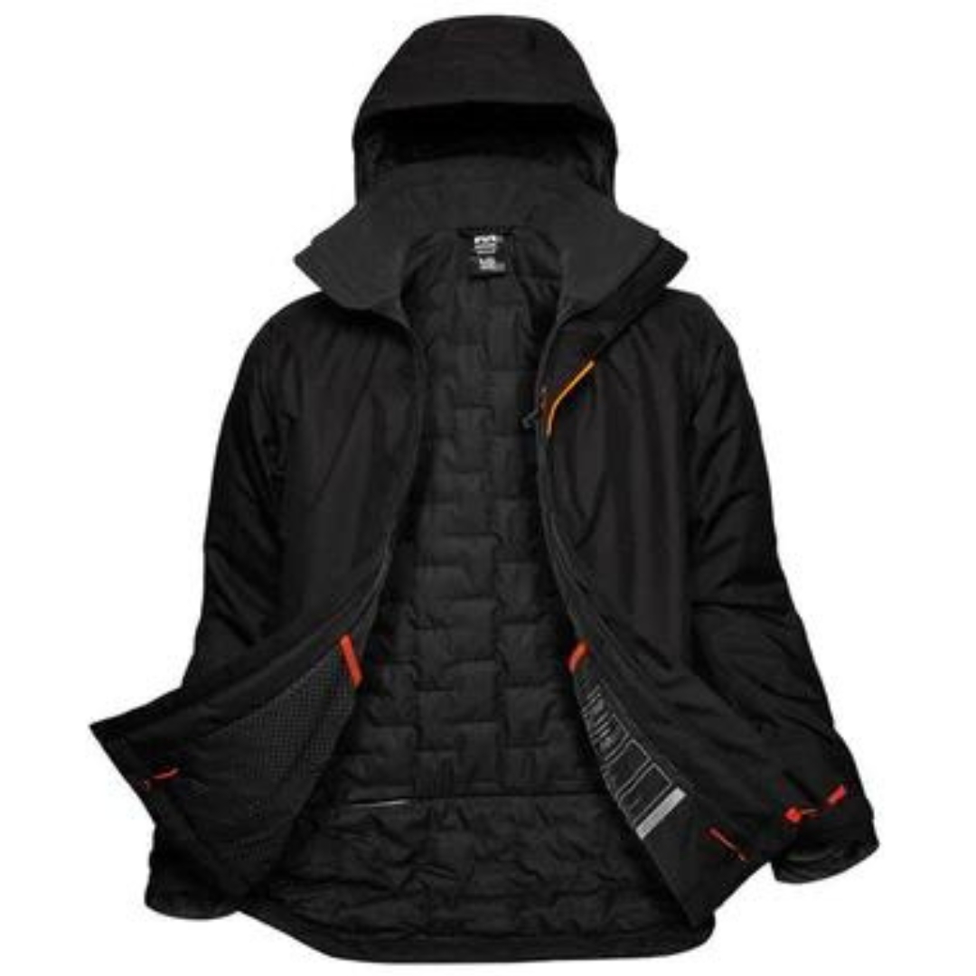 MANTEAU DE TRAVAIL ISOLÉ HELLY HANSEN WORKWEAR KENSINGTON POUR HOMME couleur black vu du manteau noir avec détails orange fluo de face et ouvert