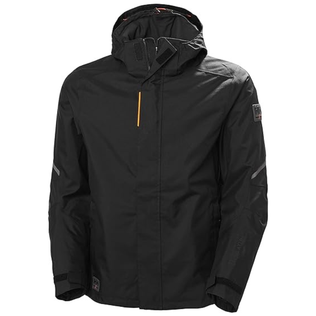 MANTEAU DE TRAVAIL ISOLÉ HELLY HANSEN WORKWEAR KENSINGTON POUR HOMME couleur black vu du manteau noir avec détails orange fluo de face