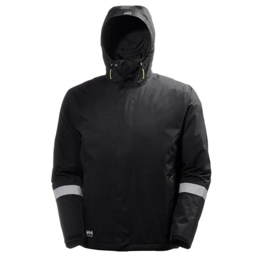 MANTEAU DE TRAVAIL ISOLÉ HELLY HANSEN WORKWEAR MANCHESTER POUR HOMME couleur black vu du manteau noir à bandes réfléchissantes grises de face