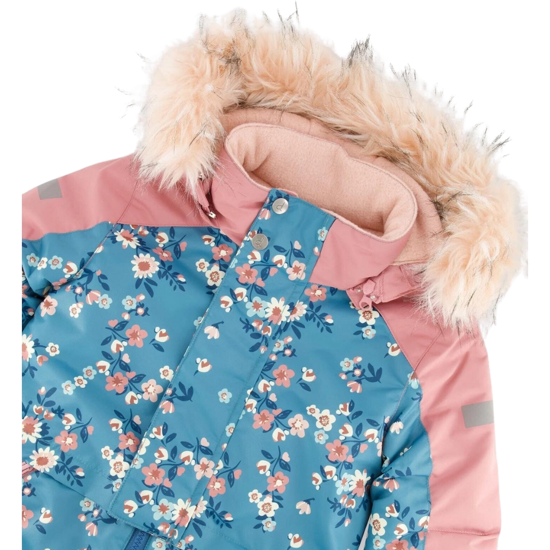 ENSEMBLE DE NEIGE UNE PIÈCE DEUX PAR DEUX PLAY POUR FILLE couleur PRINTED SMALL BOUQUETS vu de l'ensemble bleu ciel, rose pale et bleu marin avec imprimé de petites fleurs de face en gros plan sur le col et la capuche