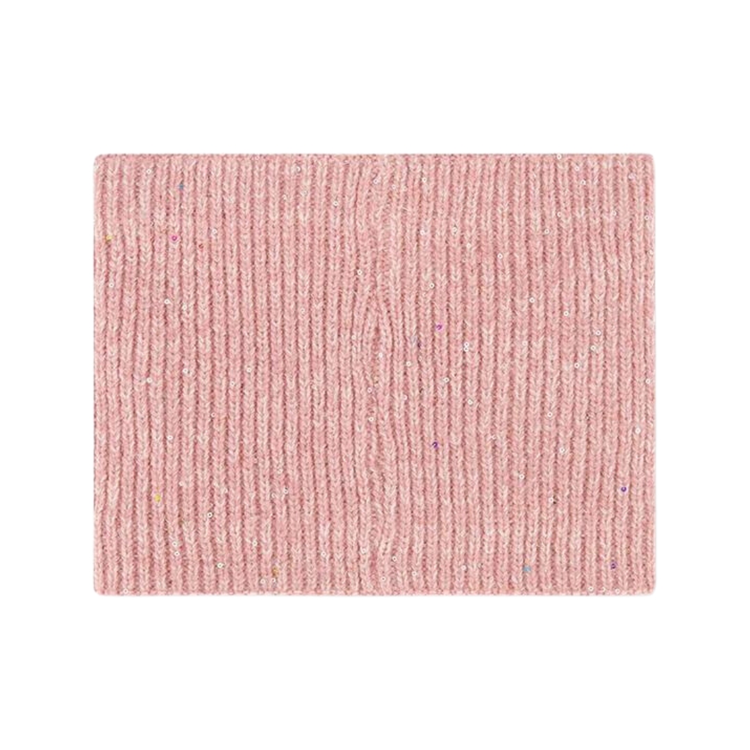 CACHE-COU EN TRICOT DEUX PAR DEUX POUR ENFANT couleur silver pink vu du cache-cou rose pale de dos