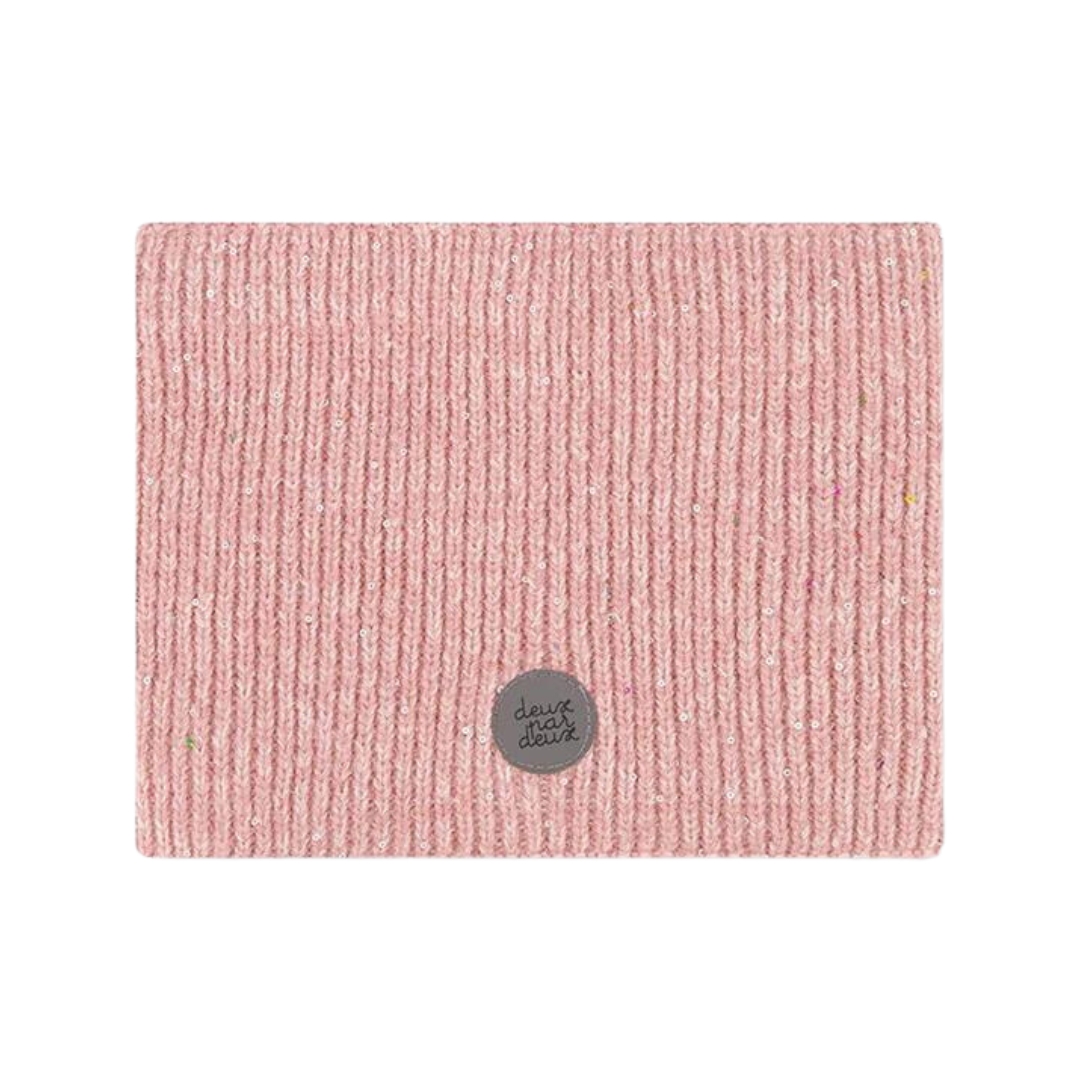 CACHE-COU EN TRICOT DEUX PAR DEUX POUR ENFANT couleur silver pink vu du cache-cou rose pale de face