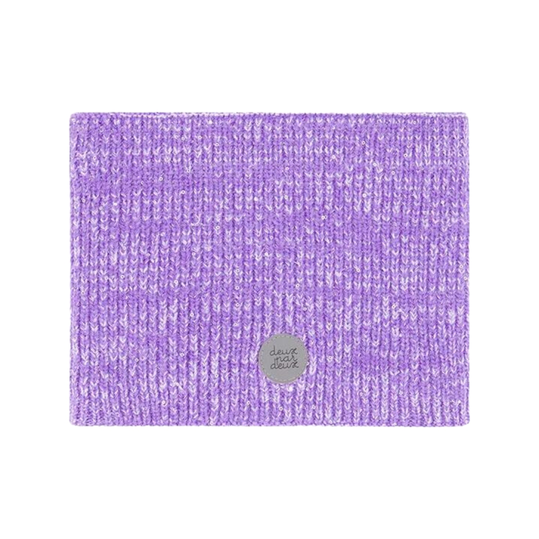 CACHE-COU EN TRICOT DEUX PAR DEUX POUR ENFANT couleur bougainvillea vu du cache-cou lilas de face