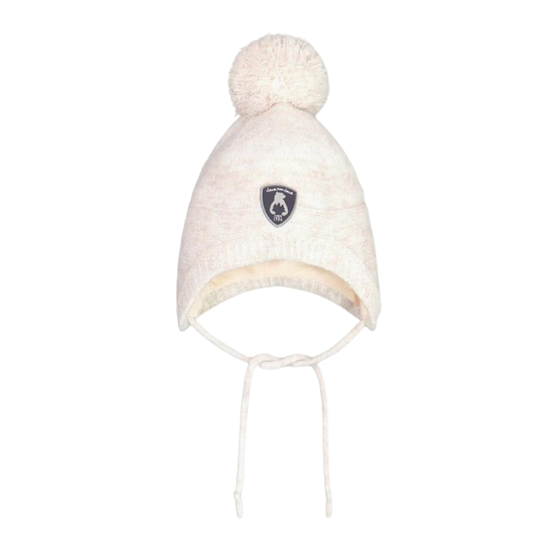 TUQUE PÉRUVIENNE DEUX PAR DEUX EN TRICOT POUR BÉBÉ COULEUR WHISPER WHITE VUE DE LA TUQUE BLANCHE CASSÉE VUE DE FACE