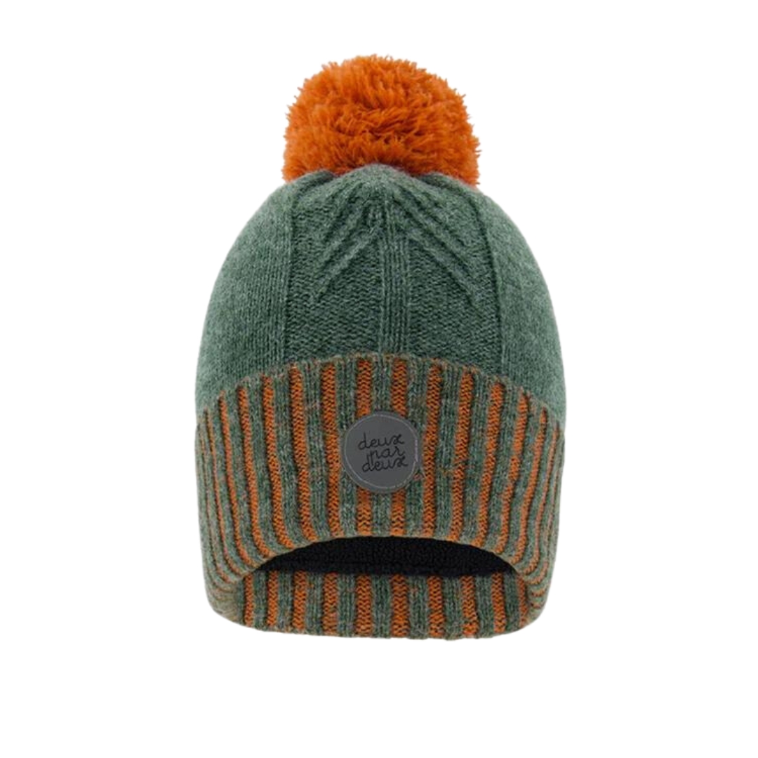 TUQUE EN TRICOT DEUX PAR DEUX POUR GARÇON COULEUR BISTRO GREEN VUE DE LA TUQUE VERTE CHINÉE ET ORANGE VUE DE FACE