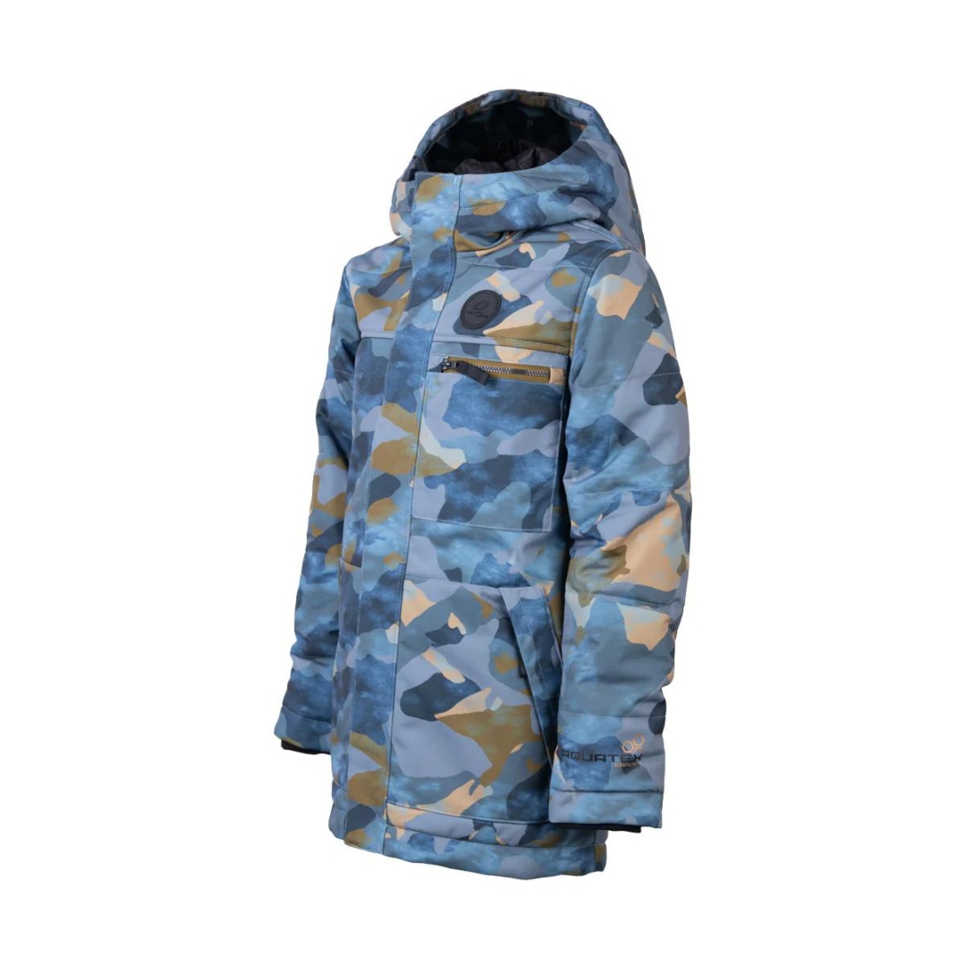 MANTEAU D'HIVER ISOLÉ DUTY NINE MASON POUR GARÇON couleur multi vu du manteau motif camouflage bleu, vert et beige de profil avant gauche