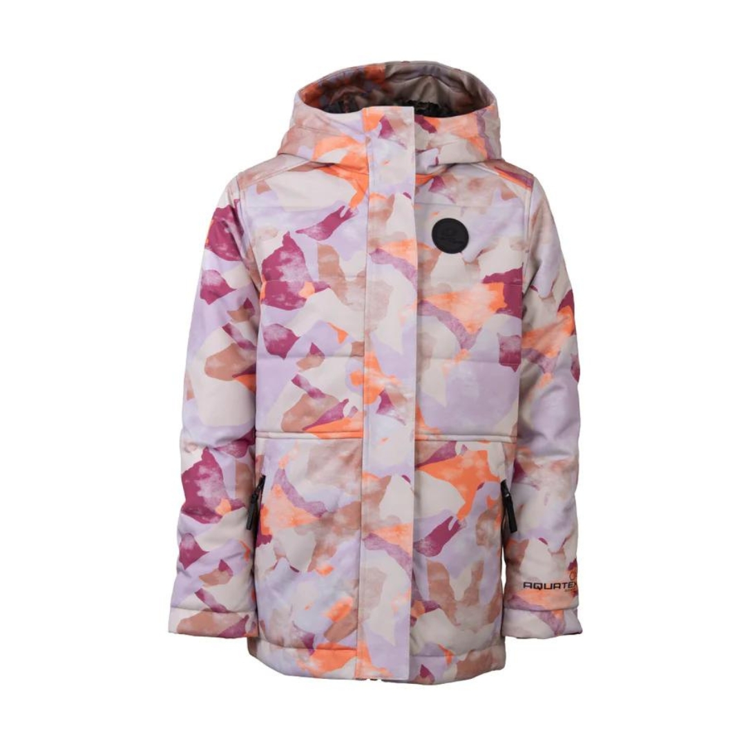 MANTEAU D'HIVER ISOLÉ DUTY NINE MADISON POUR FILLE COULEUR VIOLET VU DU MANTEAU LILAS AVC MOTIF CAMO DANS LES TONS DE FUSCHIA ORANGE ET PECHE DE FACE