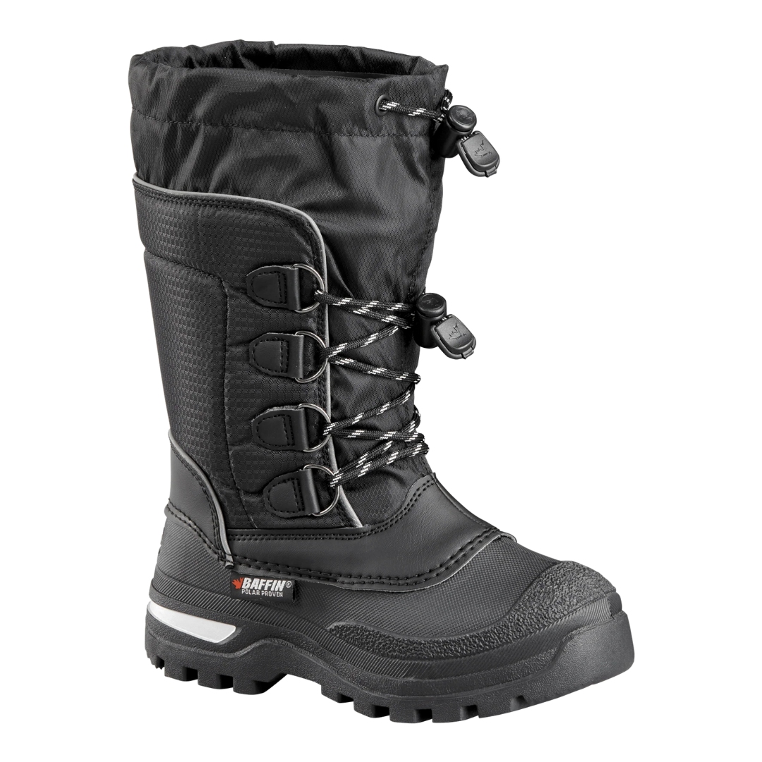 BOTTE D'HIVER BAFFIN PINETREE POUR enfant couleur noir vu de la botte droite noire avec détails réfléchissants de profil avant droit