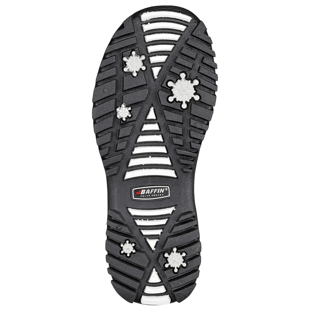 BOTTE D'HIVER BAFFIN AVERY POUR FILLE COULEUR NOIR VU DE LA BOTTE DROITE NOIRE ET GRISE DE LA SEMELLE D'USURE