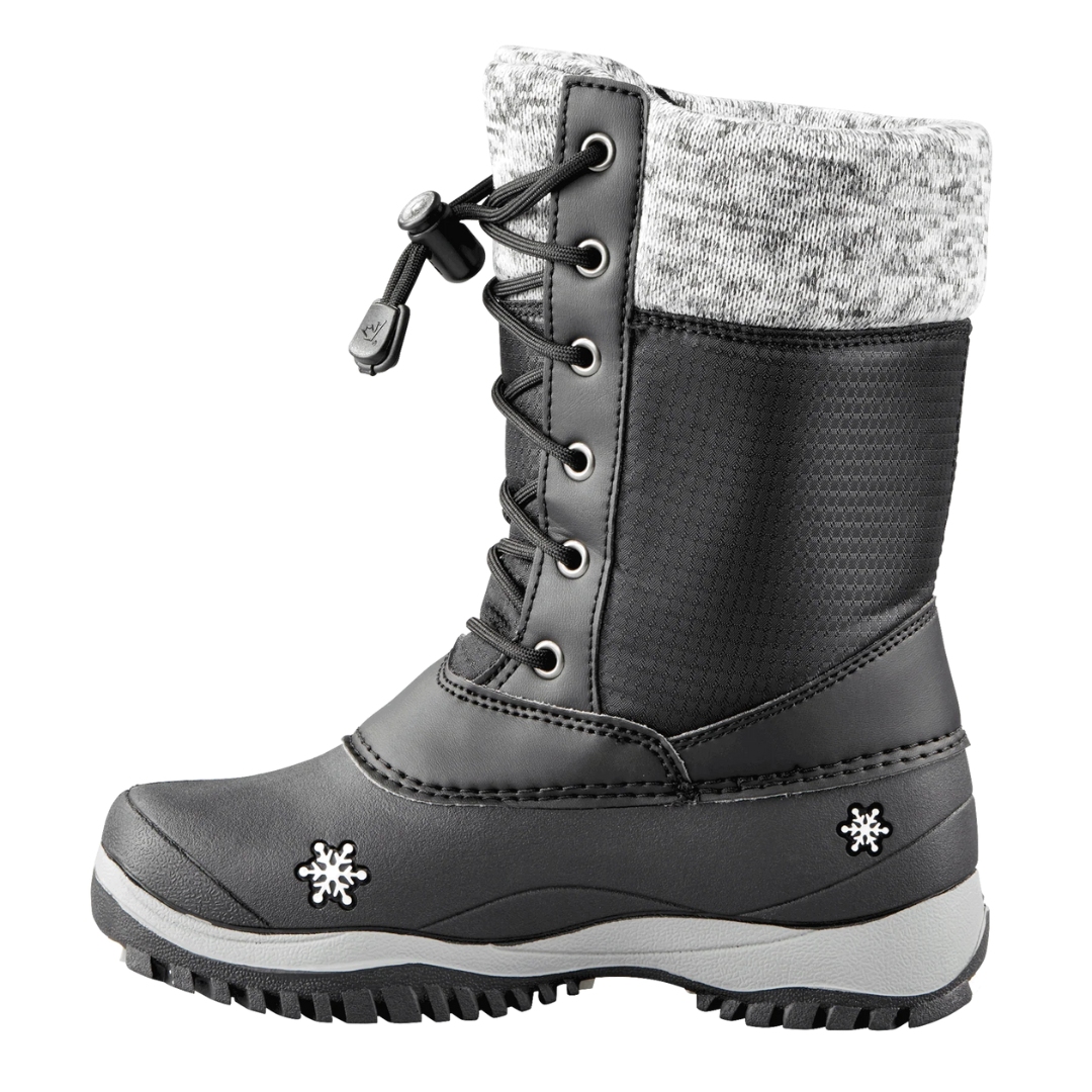 BOTTE D'HIVER BAFFIN AVERY POUR FILLE COULEUR NOIR VU DE LA BOTTE DROITE NOIRE ET GRISE DE PROFIL GAUCHE