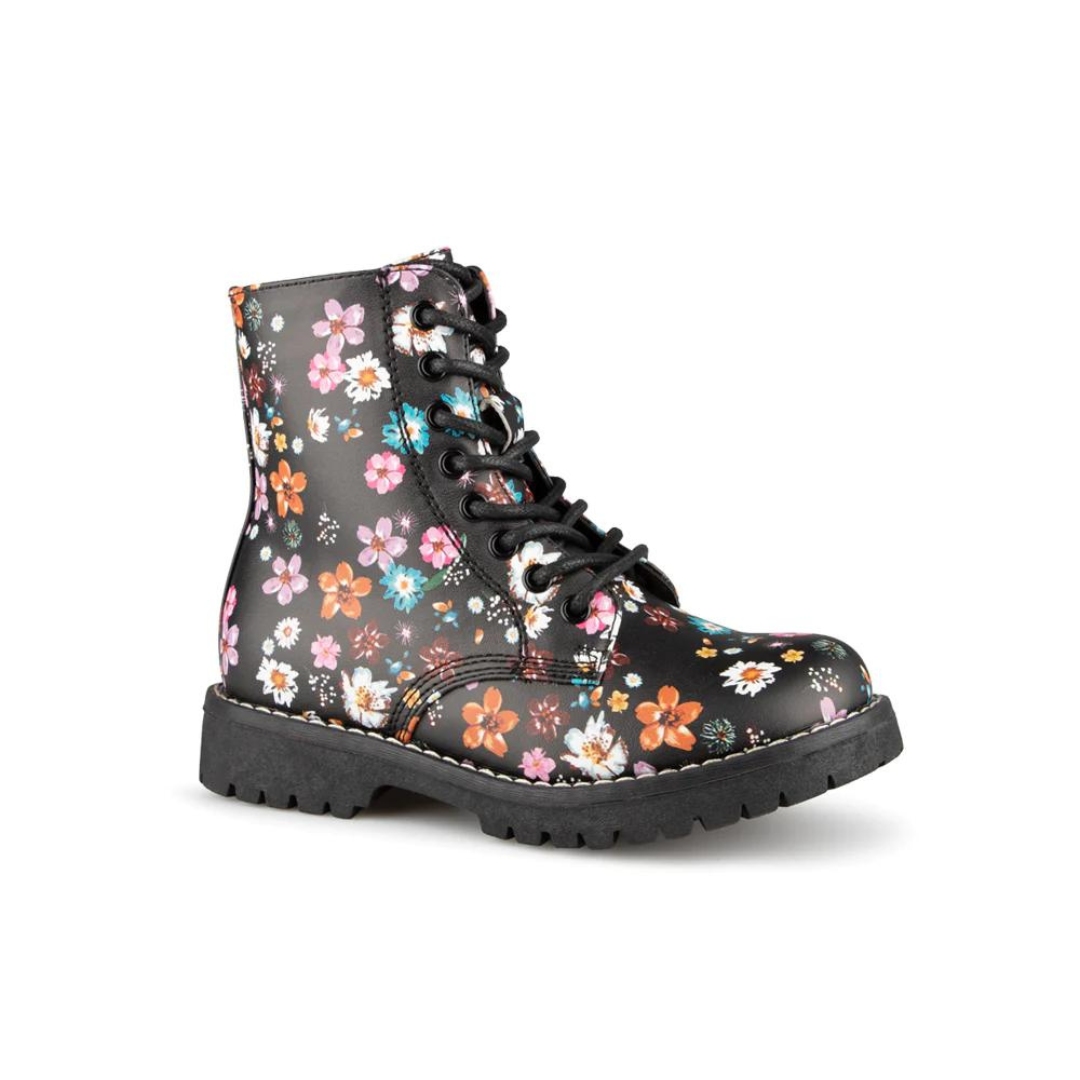 BOTTE D'HIVER ALBERTO CASTELLO POUR FILLE COULEUR MULTI VUE DE LA BOTTE DROITE NOIRE AVEC IMPRIMÉ DE FLEURS BLEUES, ROSES ET BLANCHE VUE DE PROFIL AVANT DROIT