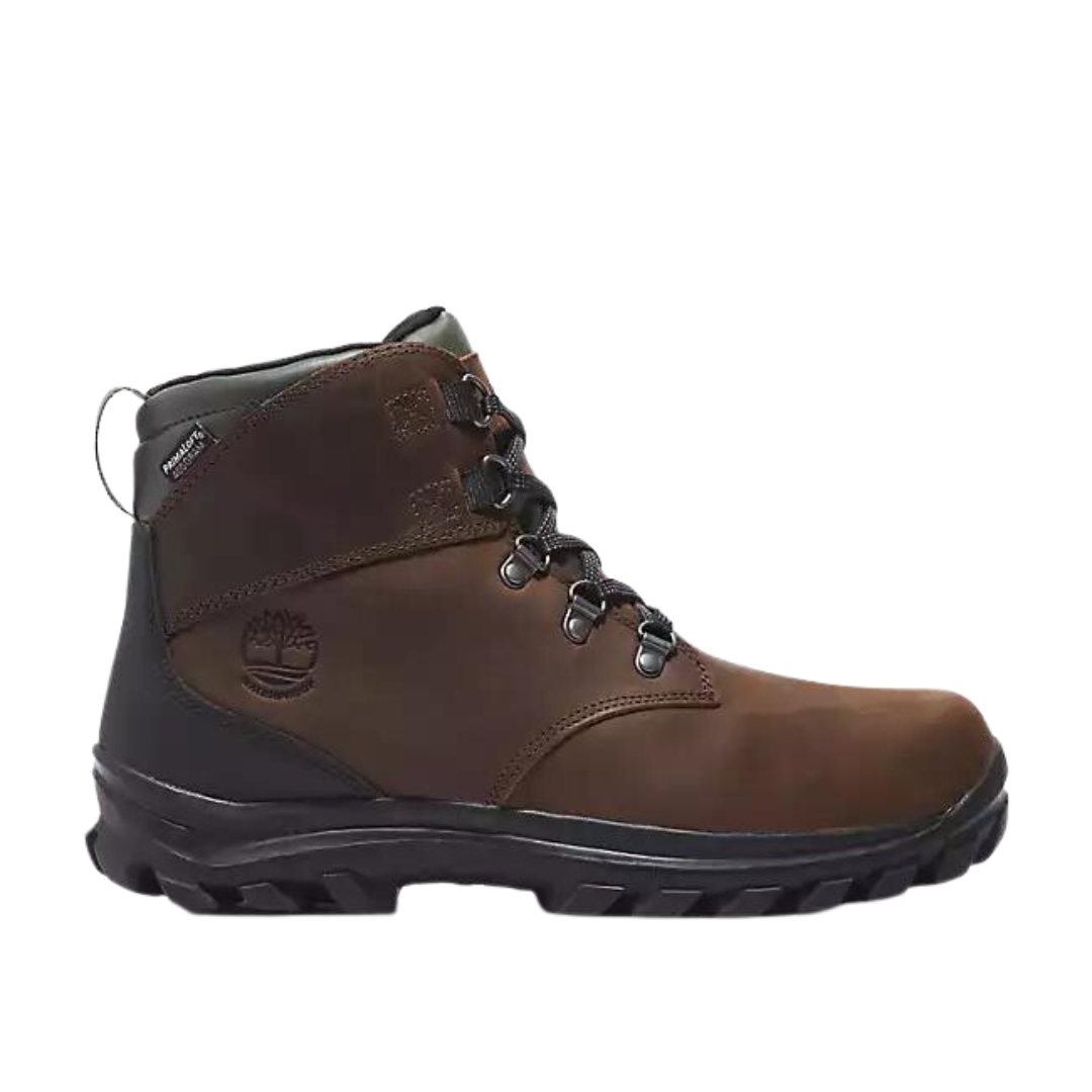 BOTTE D'HIVER IMPERMÉABLE TIMBERLAND CHILLBERG MID 400GR POUR HOMME couleur brun vue de la botte droit de couleur brune foncée et noire de profil droit