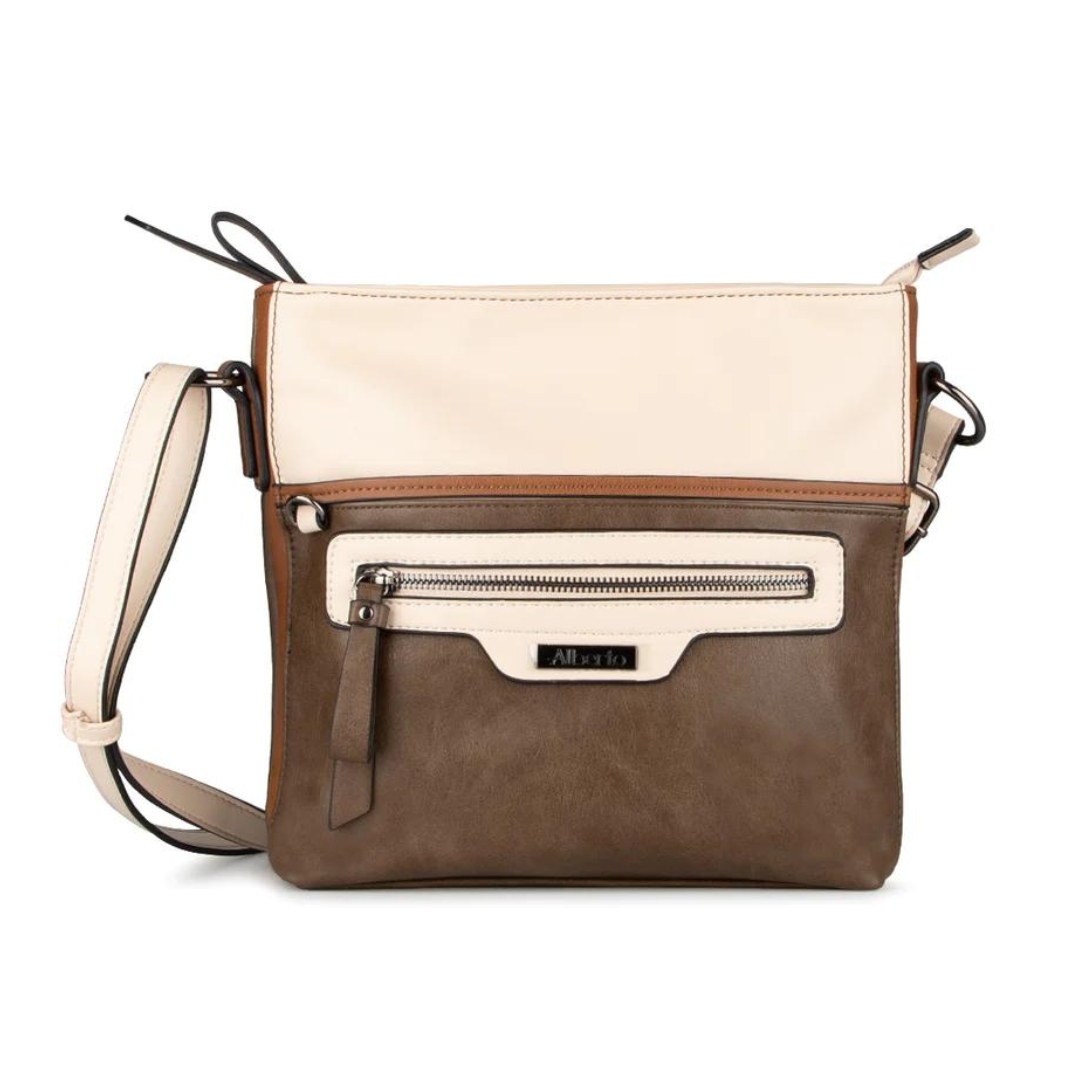 SAC À BANDOULIÈRE ALBERTO DAHOULA POUR FEMME couleur kaki vu du sac brun et beige de face