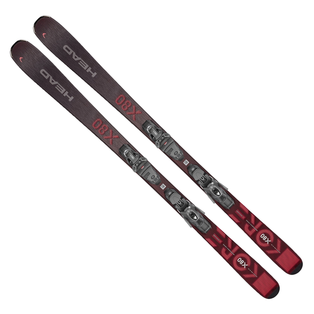 SKI ALPIN AVEC FIXATION HEAD KORE X 80 LYT-PR ALL MOUNTAIN POUR HOMME vu des skis noirs, rouges et gris du dessus