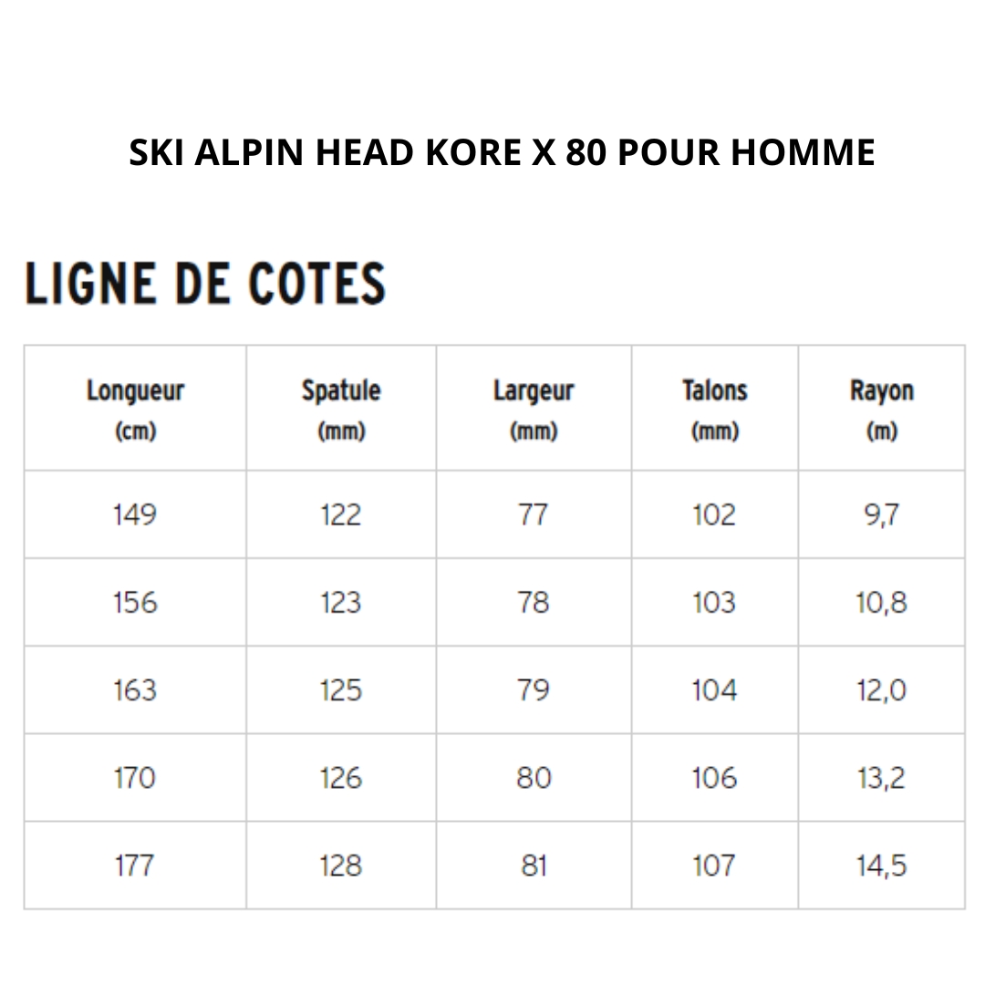 SKI ALPIN AVEC FIXATION HEAD KORE X 80 LYT-PR ALL MOUNTAIN POUR HOMME tableau des lignes de cote