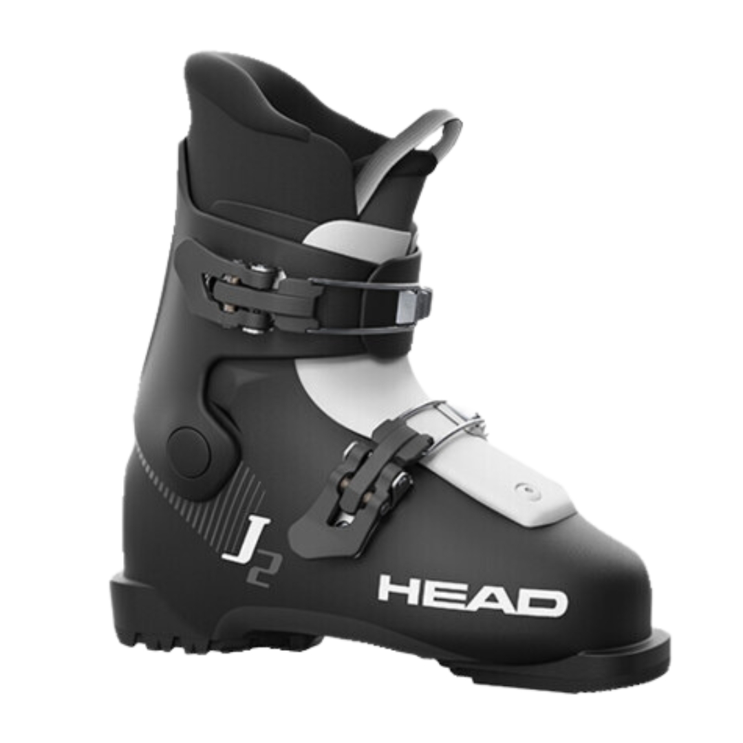 BOTTE DE SKI ALPIN HEAD J2 POUR JUNIOR couleur blak/white vu de la botte noire et blanche de profil extérieur droit