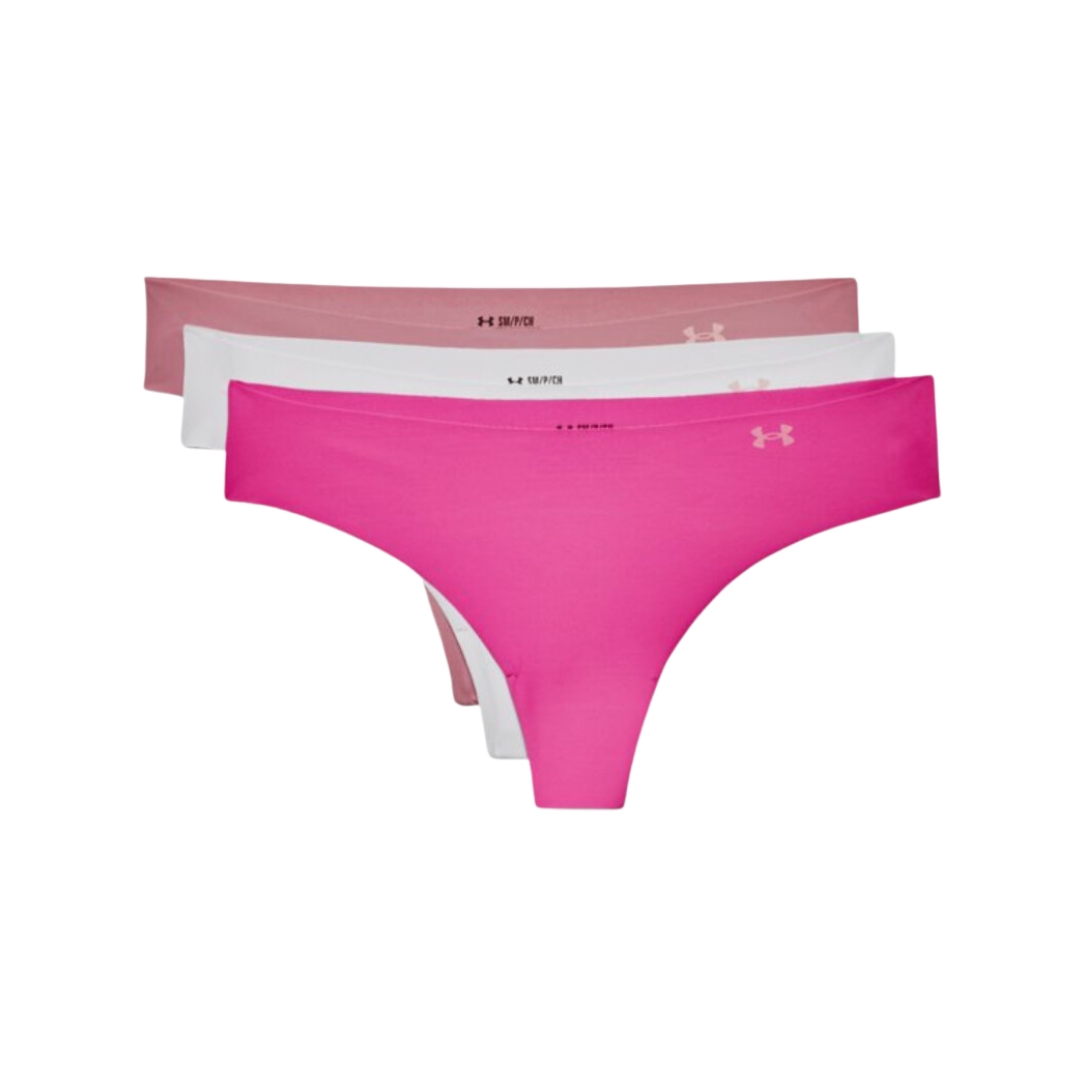 STRING UNDER ARMOUR UA PURE STRETCH POUR FEMME COULEUR 697-PINK ELIXIR/HALO GRAY/REBEL PINK VUE DES 3 STRINGS UN ROSE FUCHSIA, UN GRIS PALE ET L,AUTRE VIEUX ROSE DE FACE