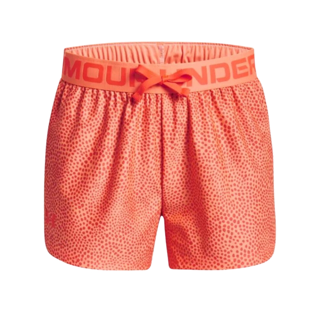 SHORT D'ENTRAINEMENT IMPRIMÉ UNDER ARMOUR UA PLAY UP POUR FILLE COULEUR 906-ORANGE TROPIC/AFTER BURN VU DU SHORT ORANGE PALE ET ORANGE FONCÉ DE FACE