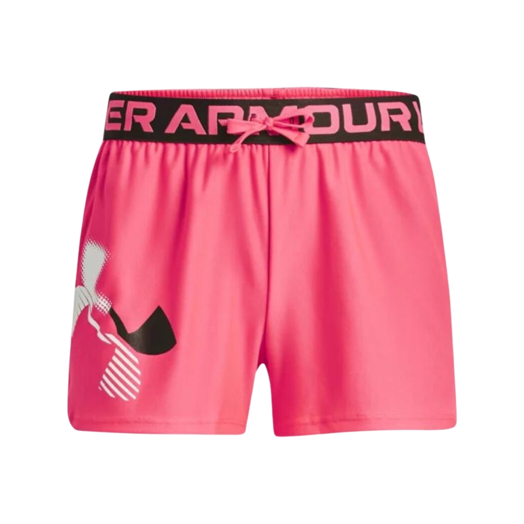 SHORT D'ENTRAINEMENT UNDER ARMOUR UA PLAY UP LOGO POUR FILLE COULEUR 683-PINK SHOCK/TUX PURPLE/PINK SHOCK VU DU SHORT ROSE ET NOIR DE FACE