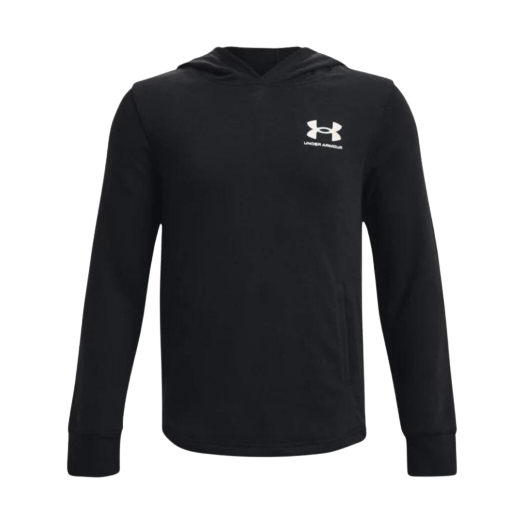 CHANDAIL À CAPUCHON UNDER ARMOUR UA RIVAL TERRY POUR GARÇON COULEUR 001-BLACK/ONYX WHITE VU DU CHANDAIL MANCHES LONGES NOIR IMPRIMÉ BLANC DE FACE