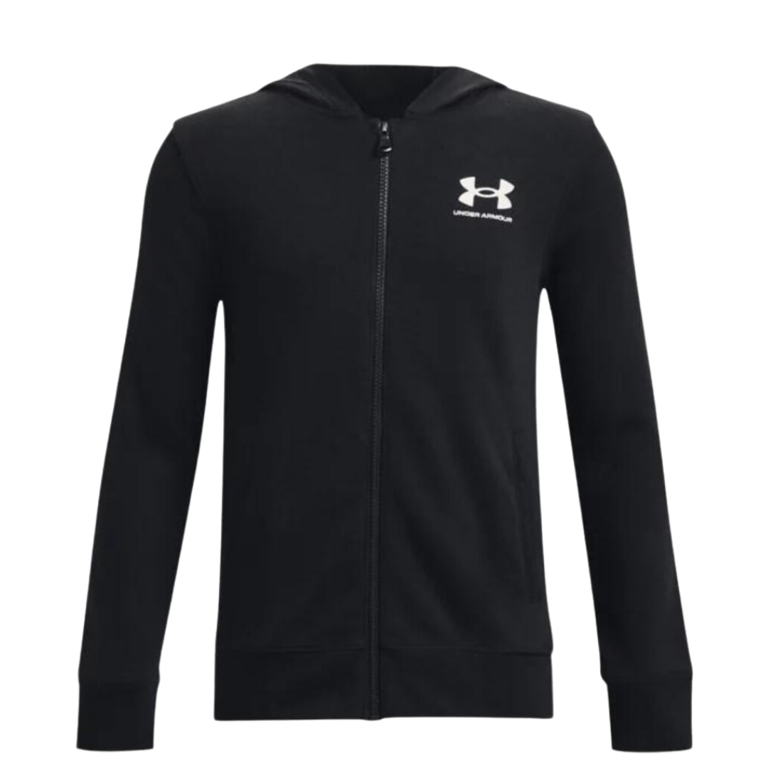 CHANDAIL À CAPUCHON UNDER ARMOUR UA RIVAL TERRY À FERMETURE ÉCLAIR POUR GARÇON COULEUR 001-BLACK/ONYX WHITE VU DU CHANDAI LÀ MANCHES LONGUES DE FACE