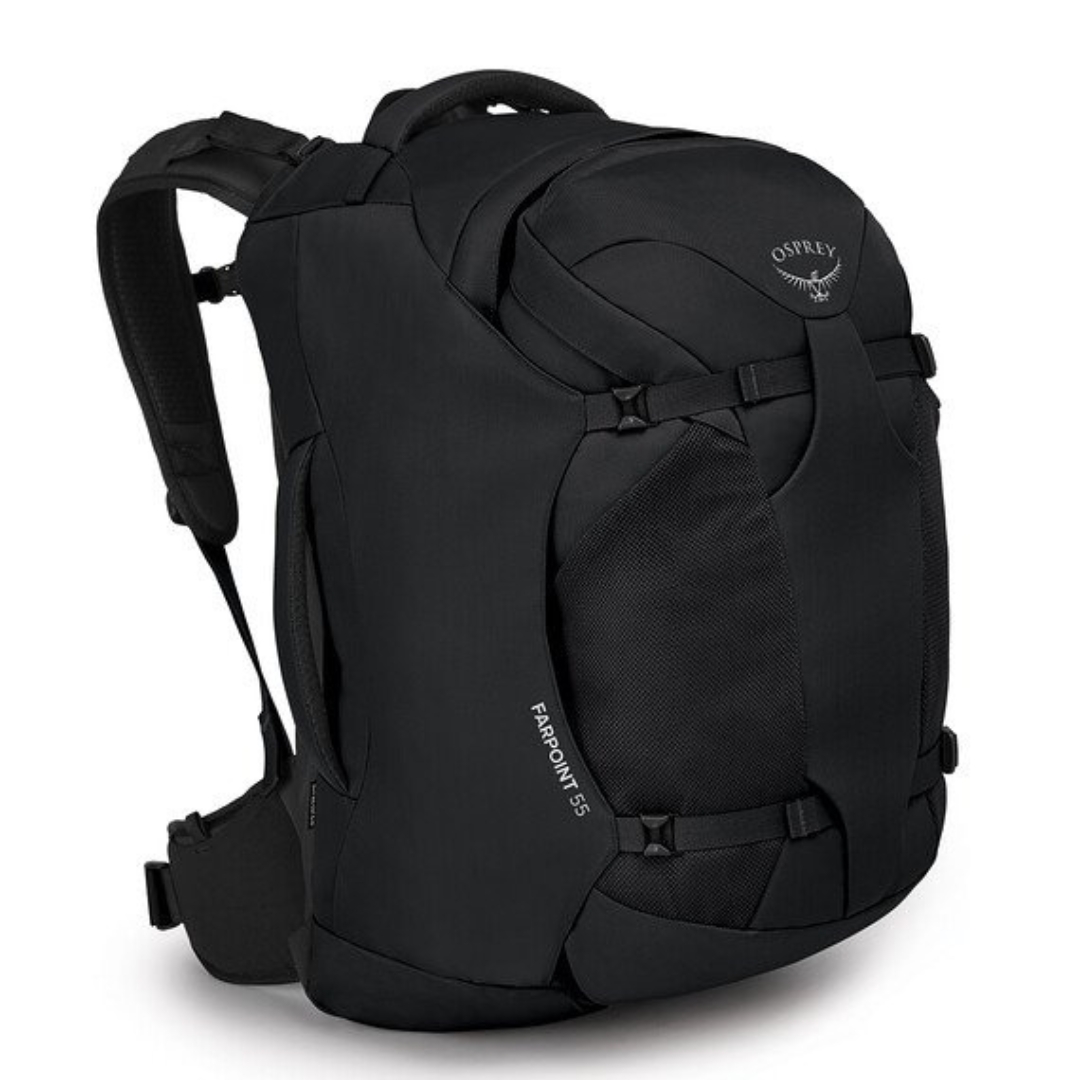 SAC DE VOYAGE OSPREY FARPOINT 55 POUR HOMME COULEUR BLACK VU DU SAC NOIR DE PROFIL AVANT DROIT