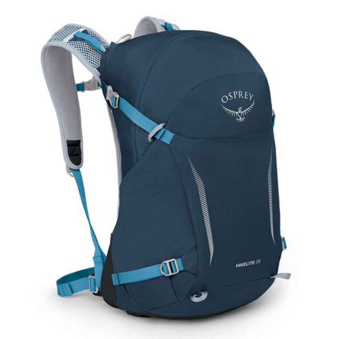 SAC À DOS OSPREY HIKELITE 26 COULEUR ATLAS BLUE VU DU SAC BLEU FONCÉ, GRIS ET DÉTAILS BLEU CIEL DE PROFIL AVANT DROIT