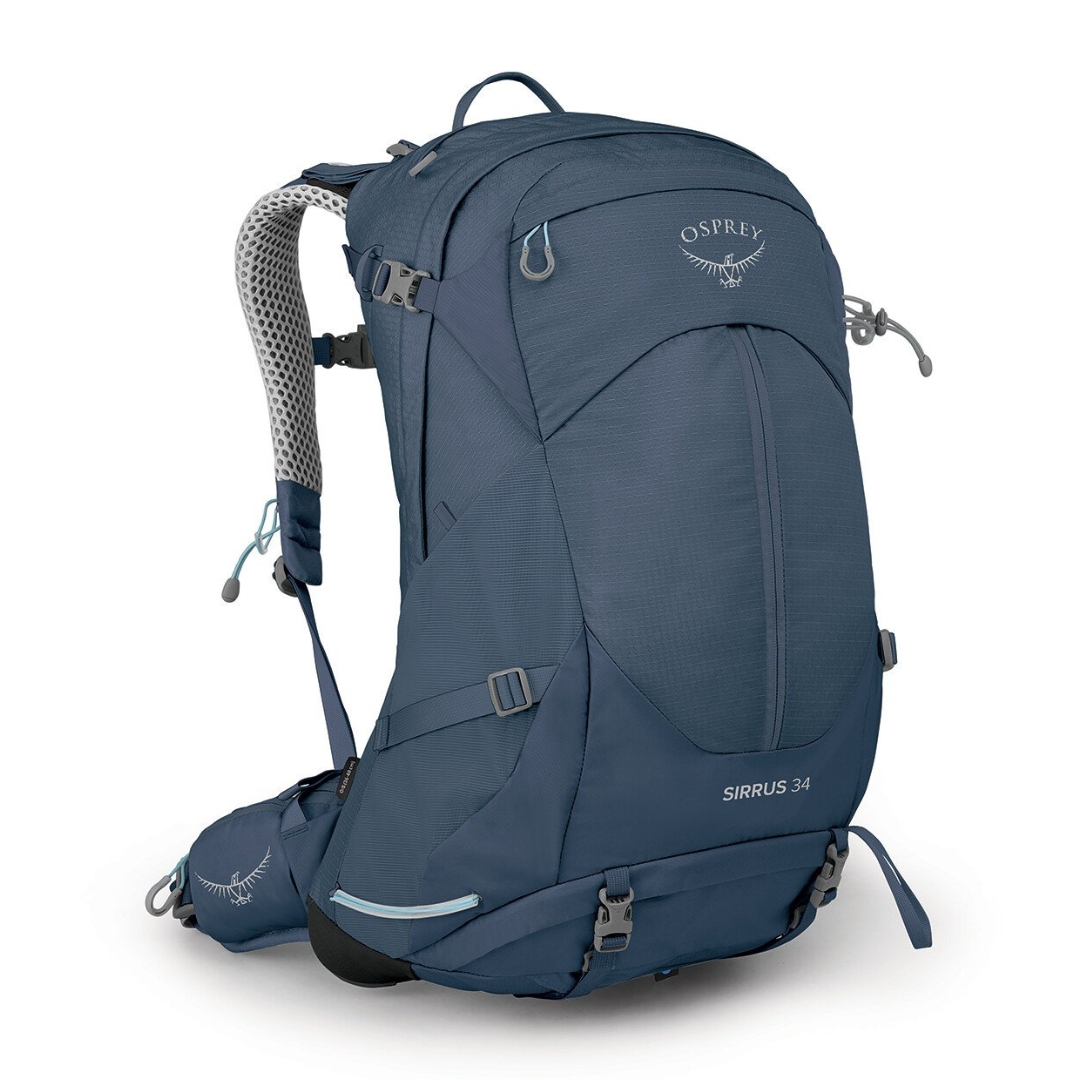 AC À DOS DE RANDONNÉE OSPREY SIRRUS 34 POUR FEMME COULEUR MUTED SPACE BLUE VU DU SAC À DOS BLEU ACIER DE PROFIL AVANT DROIT