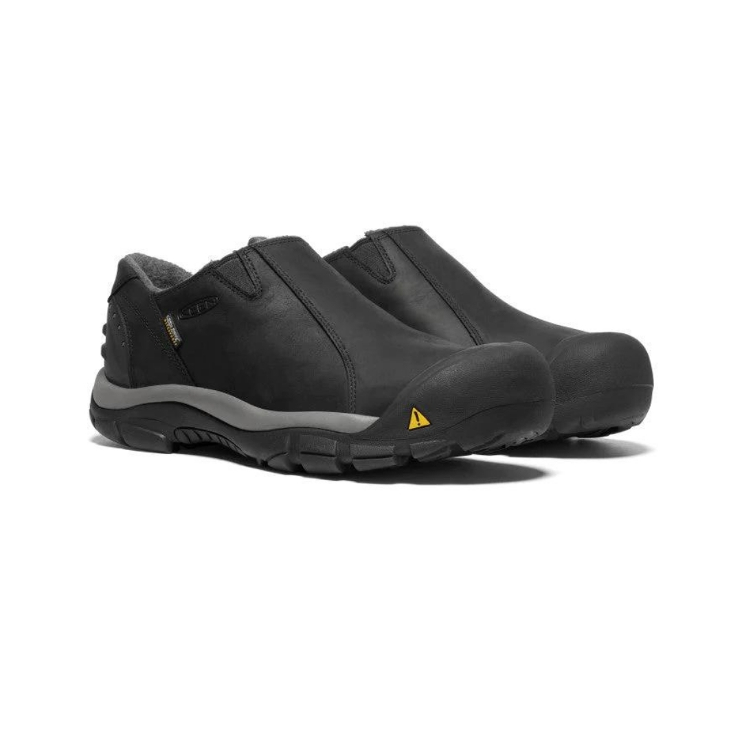 SOULIER DE SÉCURITÉ KEEN UTILITY BRIXEN LOW WATERPROOF POUR HOMME couleur BLACK/GARGOYLE vu des chaussures noire et grise des deux chaussure de profil avant droit