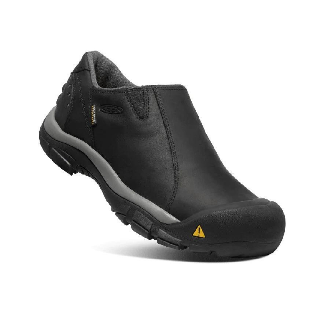 SOULIER DE SÉCURITÉ KEEN UTILITY BRIXEN LOW WATERPROOF POUR HOMME couleur BLACK/GARGOYLE vu des chaussures noire et grise de profil avant droit
