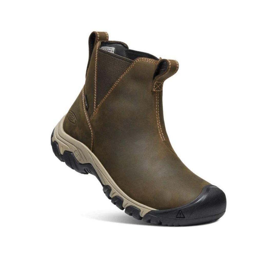 BOTTE D'HIVER KEEN GRETA CHELSEA WATERPROOF POUR FEMME couleur OLIVE/TIMBERWOLF vue de la botte brune olive beige et noire de profil avant droit