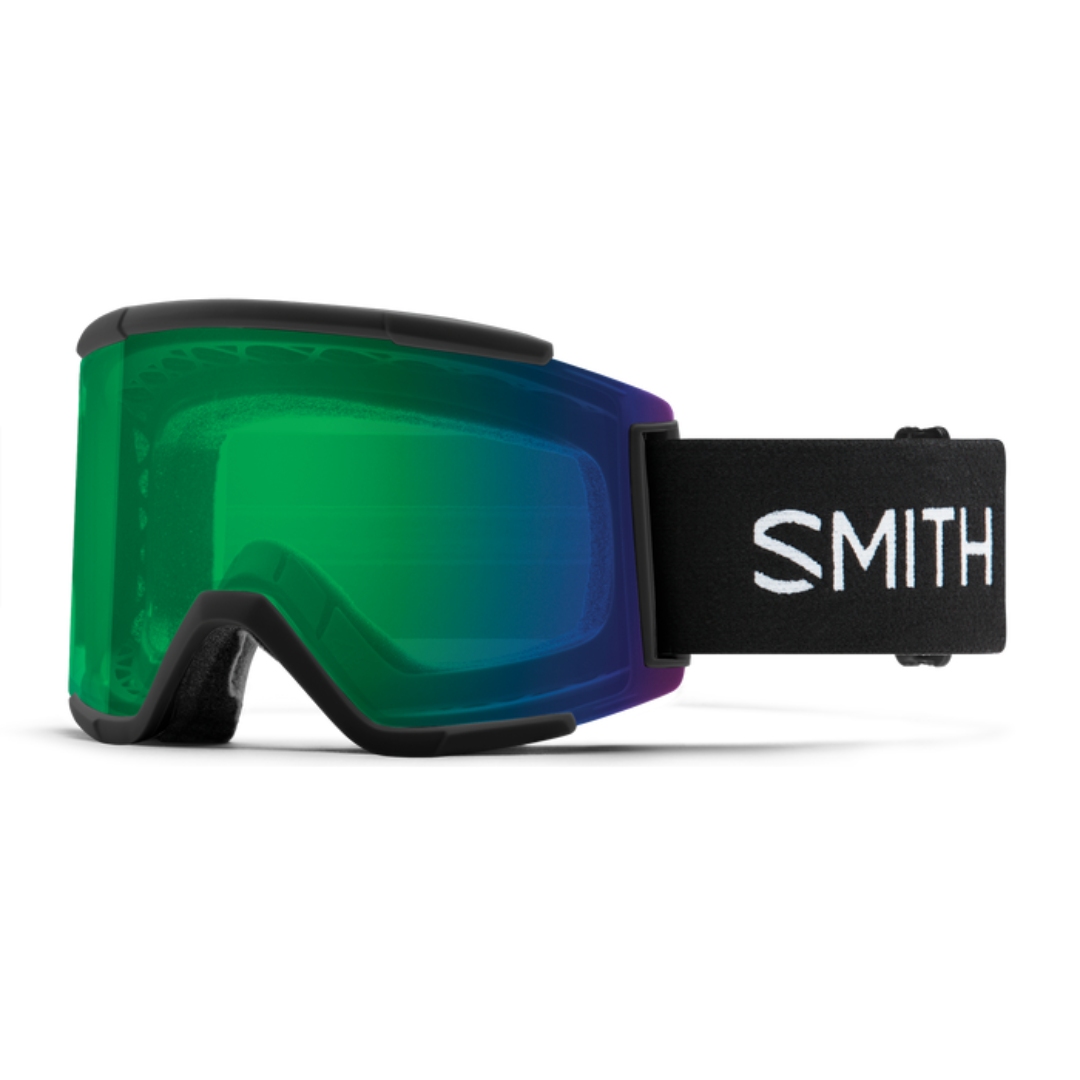 LUNETTE DE SKI ALPIN SMITH OPTICS SQUAD XL POUR ADULTE couleur BLACK/CHROMAPOP EVERYDAY GREEN MIRROR vu de la lunette noire avec bande élastique noire lettrée blanche et lentille verte dégradée bleue miroir de profil avant gauche