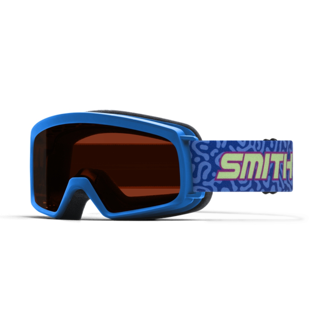 LUNETTE DE SKI ALPIN SMITH OPTICS RASCAL POUR ENFANT couleur COBALT ARCHIVE/RC36 vue de la lunette bleue avec bande élastique à motif bleu pale et bleu foncé lettrée verte et rose ainsi que la lentille orangée de profil avant gauche