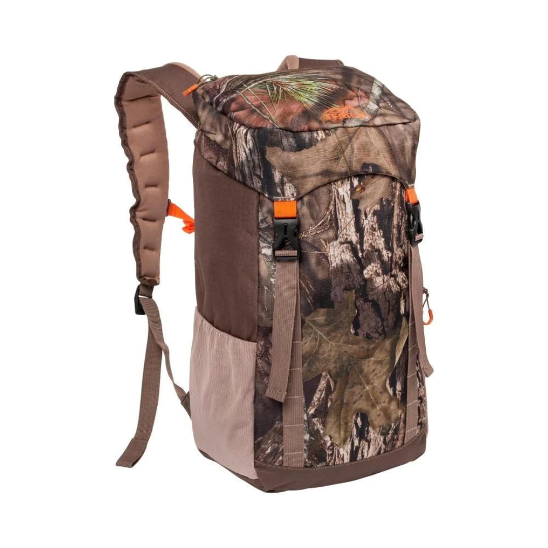 SAC À DOS DE CHASSE ALLEN TERRAIN CANYON COULEUR Mossy Oak BU Country VU DU SAC BRUN, BEIGE, CAMO ET DÉTAILS ORANGE DE PROFIL AVANT DROIT