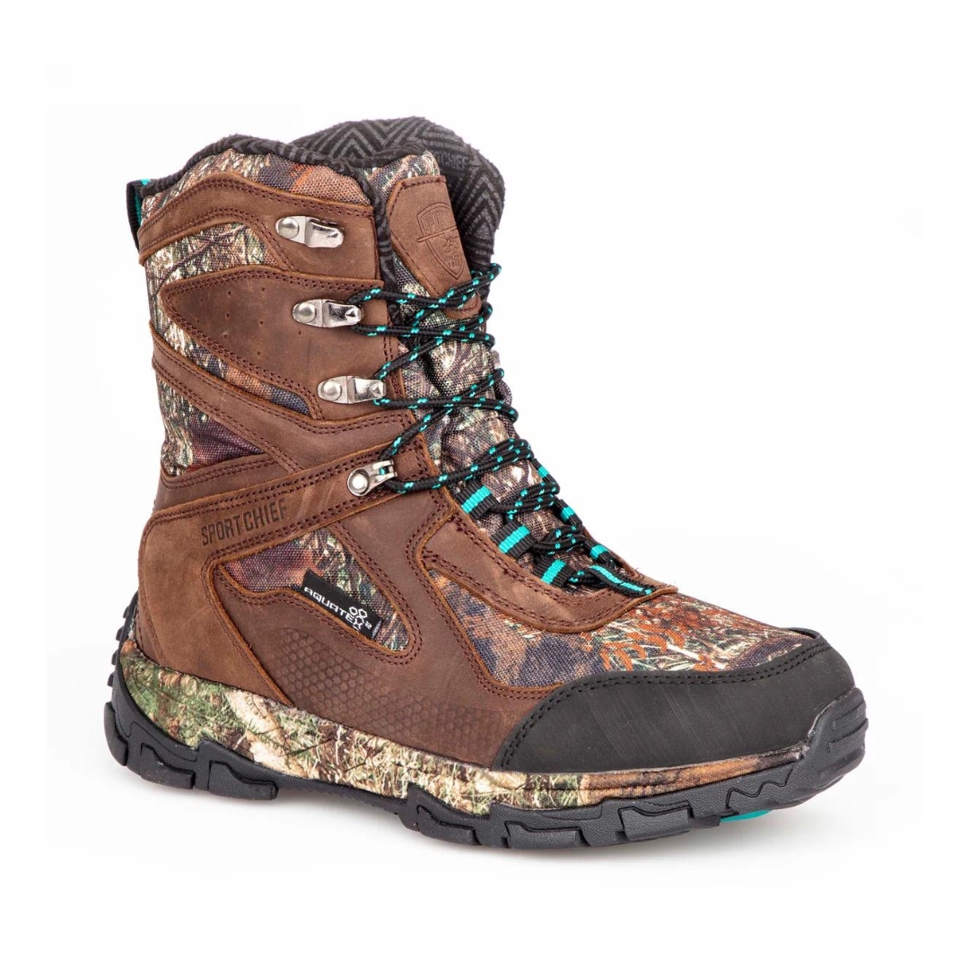 BOTTE DE CHASSE IMPERMÉABLE SPORTCHIEF ATHENA HIGH 1000 POUR FEMME COULEUR BRUN FONCÉ VUE DE LA BOTTE BRUNE, IMPRIMÉE CAMOUFFLAGE ET BLEU AQUA DE PROFIL EXTÉRIEUR DROIT