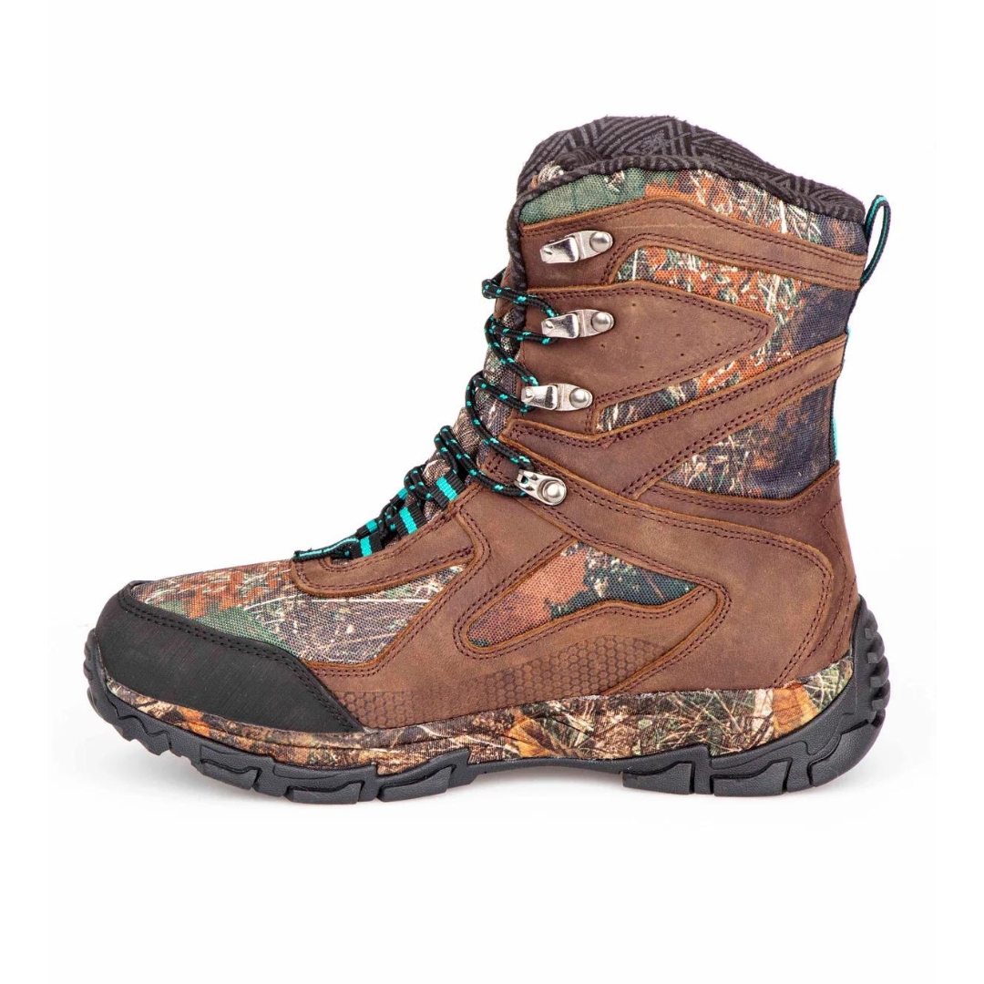 BOTTE DE CHASSE IMPERMÉABLE SPORTCHIEF ATHENA HIGH 1000 POUR FEMME COULEUR BRUN FONCÉ VUE DE LA BOTTE BRUNE, IMPRIMÉE CAMOUFFLAGE ET BLEU AQUA DE PROFIL INTÉRIEUR GAUCHE