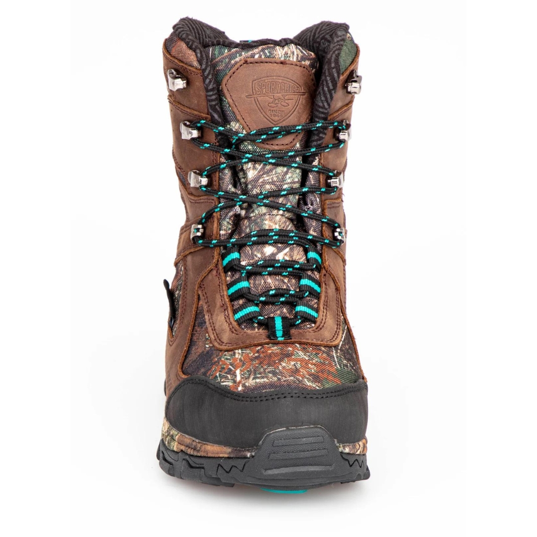 BOTTE DE CHASSE IMPERMÉABLE SPORTCHIEF ATHENA HIGH 1000 POUR FEMME COULEUR BRUN FONCÉ VUE DE LA BOTTE BRUNE, IMPRIMÉE CAMOUFFLAGE ET BLEU AQUA DE FACE