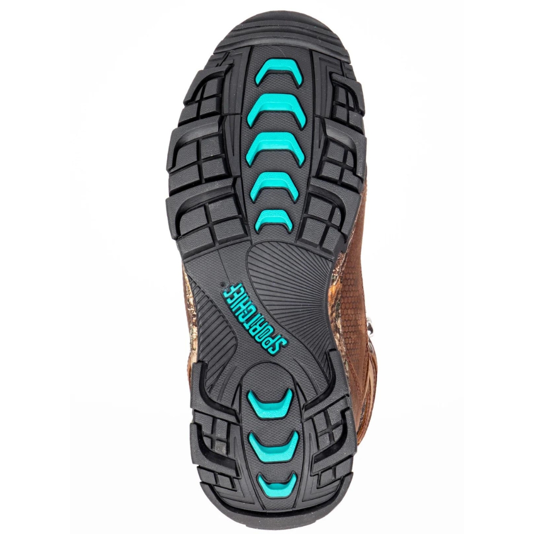BOTTE DE CHASSE IMPERMÉABLE SPORTCHIEF ATHENA HIGH 1000 POUR FEMME COULEUR BRUN FONCÉ VUE DE LA SEMELLE D'USURE NOIRE ET BLEU AQUA À CRAMPONS