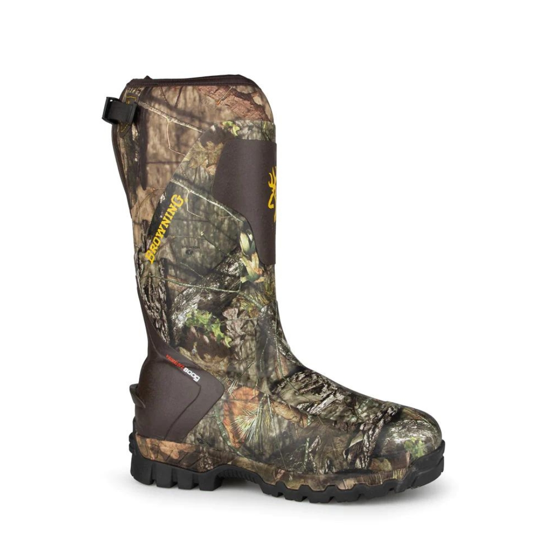 BOTTE DE CHASSE IMPERMÉABLE BROWING MAX HUNTER 2.0 POUR HOMME COULEUR MOSSY OAK BU COUNTREY VU DE LA BOTTE IMPRIMÉE CAMO, BRUNE ET NOIRE DE PROFIL EXTERNE DROIT