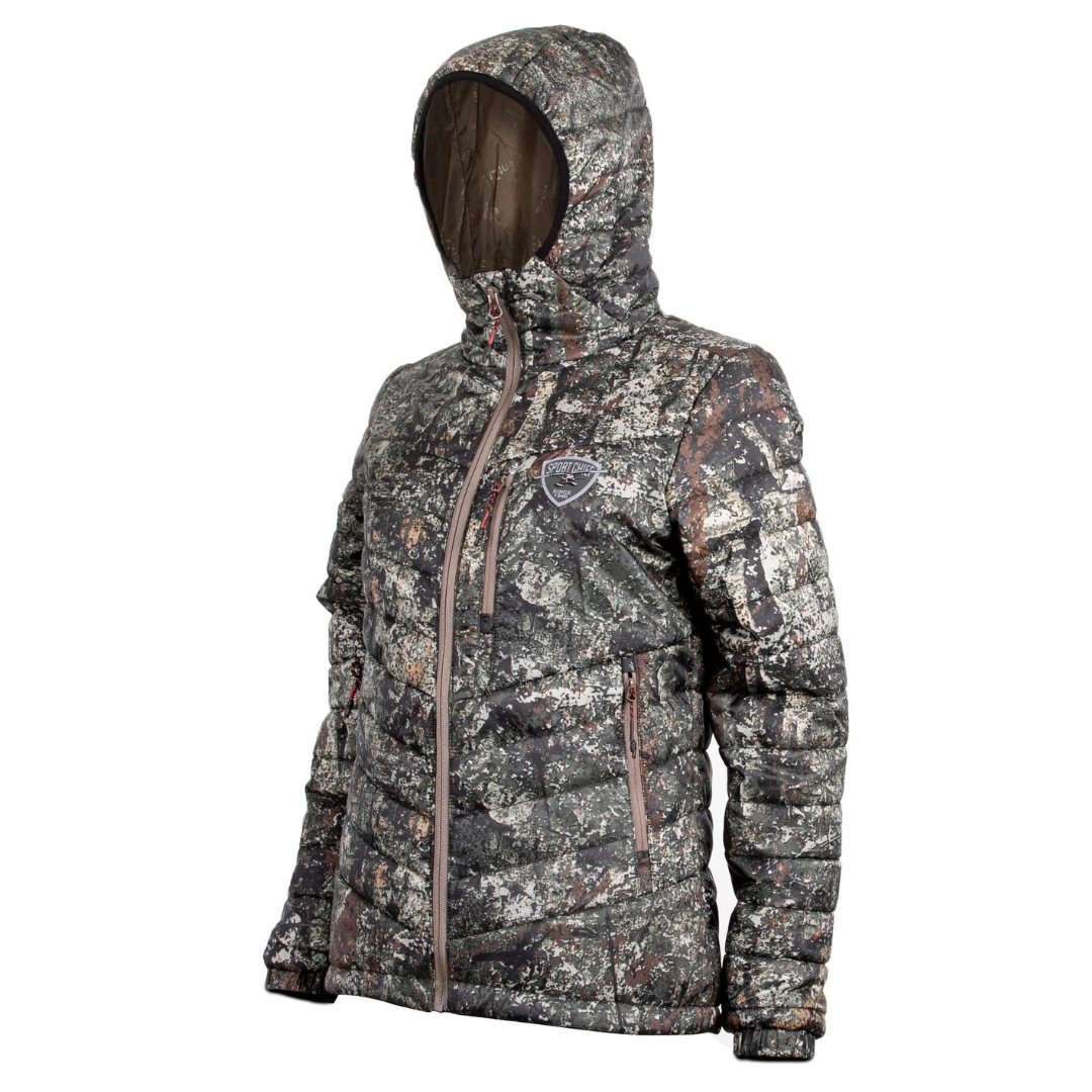 MANTEAU DE CHASSE SPORTCHIEF WILSON POUR FEMME COULEUR THE RIPPER VU DU MANTEAU À IMPRIMÉ CAMOUFLAGE TON DE TERRE VU DE PROFIL AVANT GAUCHE