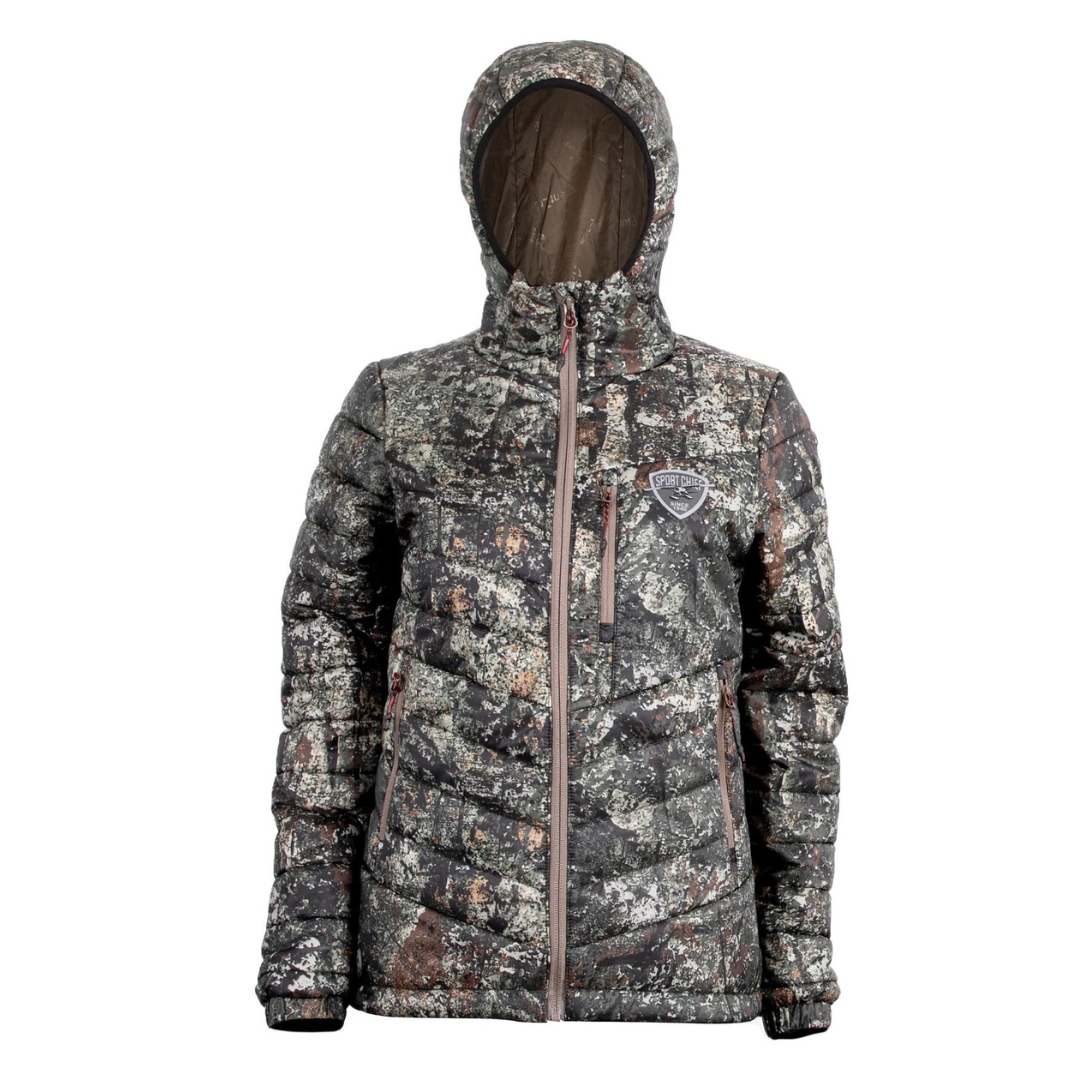 MANTEAU DE CHASSE SPORTCHIEF WILSON POUR FEMME COULEUR THE RIPPER VU DU MANTEAU À IMPRIMÉ CAMOUFLAGE TON DE TERRE VU DE FACE