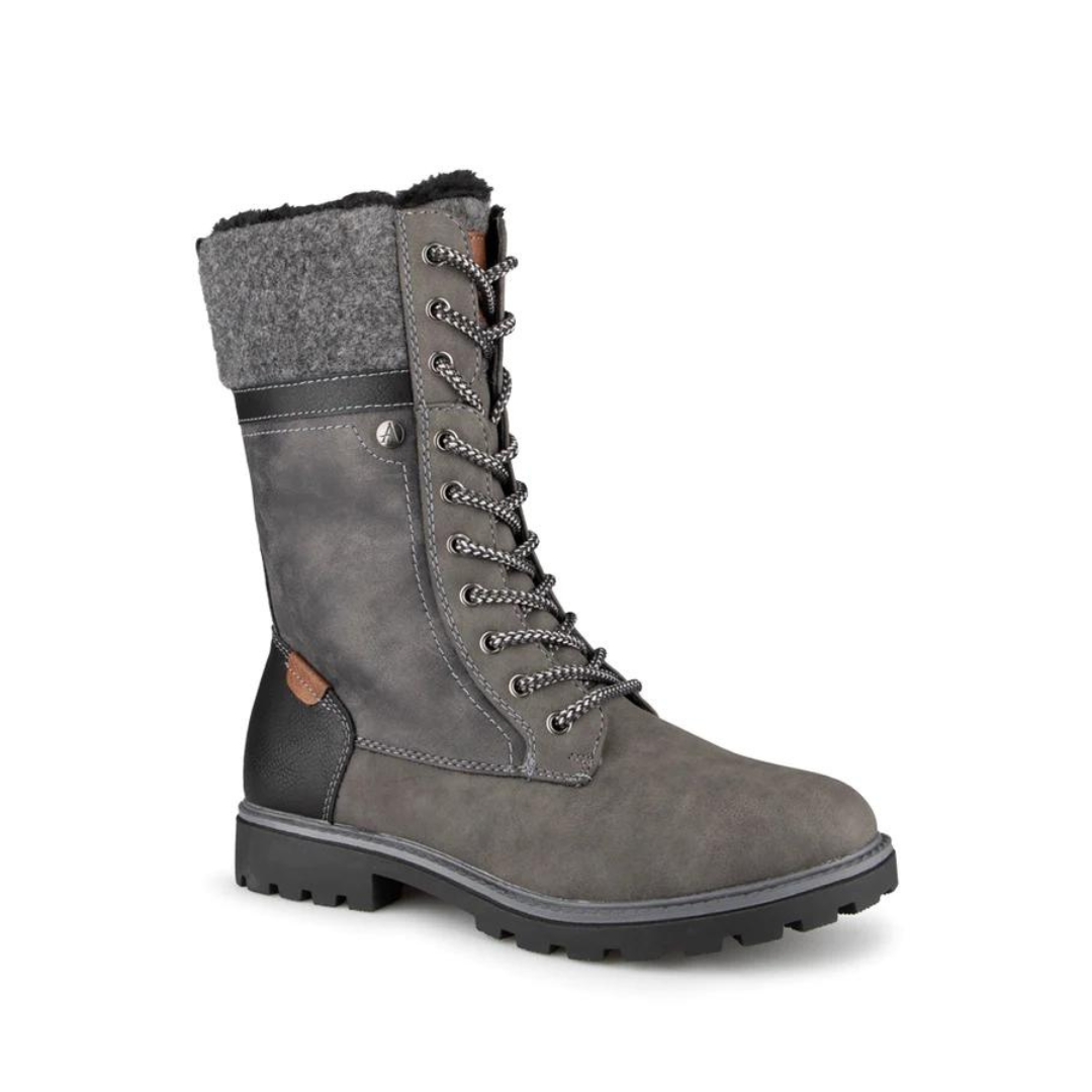 BOTTE D'HIVER ALBERTO RUIBARBO POUR FEMME couleur gris vue de la botte grise foncée et brune de profil avant droit