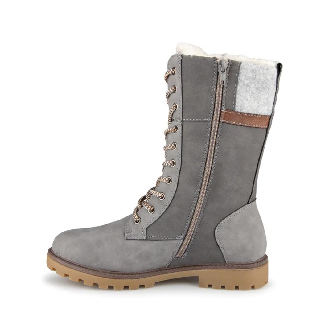 BOTTE D'HIVER ALBERTO RUIBARBO POUR FEMME couleur gris vue de la botte grise pale et brune de profil gauche