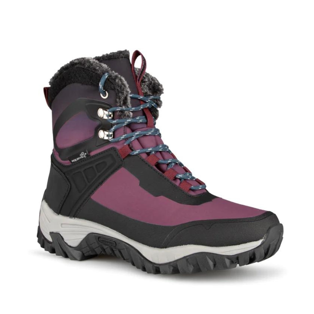 BOTTE D'HIVER DE RANDONNÉE BLUE ROCKY MAKALU POUR FEMME couleur bordeaux vue de la botte rouge vin, noire, grise avec lacets bleues de profil avant droit