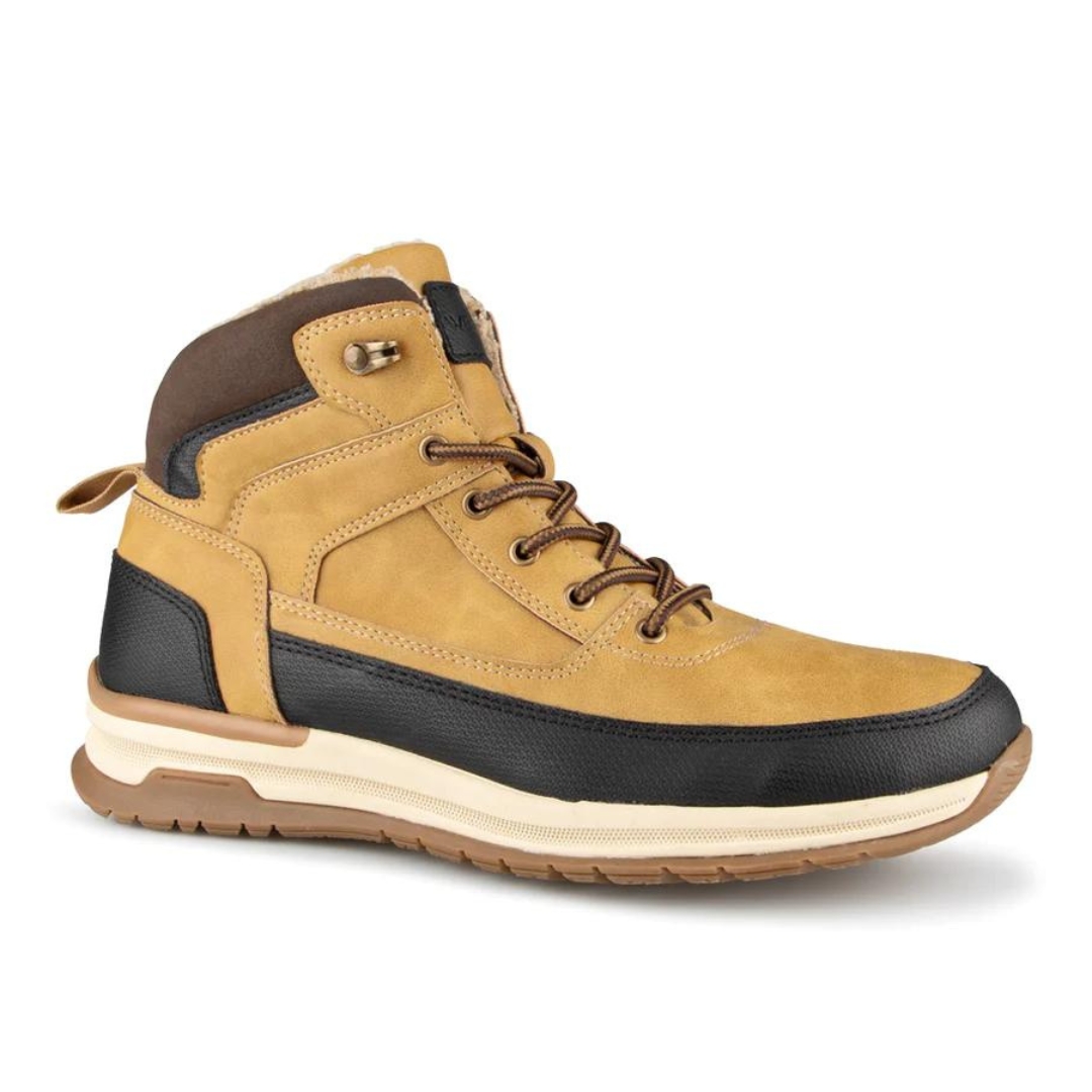 BOTTE D'HIVER COURTE WEST WAY LARIX POUR HOMME COULEUR JAUNE VUE DE LA BOTTE BEIGE NOIRE, BRUNE ET CRÈME DE PROFIL AVANT DROIT