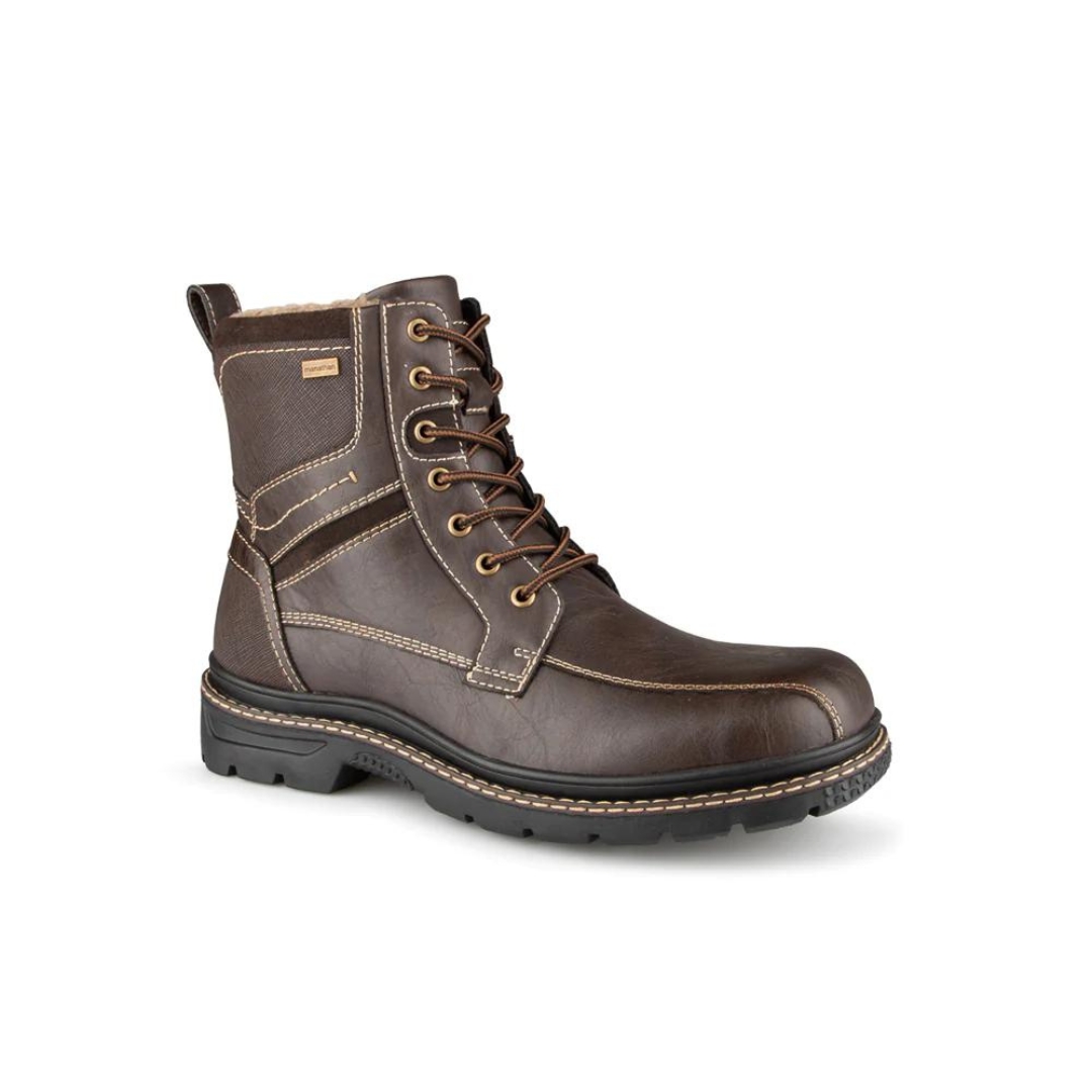 BOTTE D'HIVER MANATHAN PAPAGAIO POUR HOMME COULEUR BRUN VUE DE LA BOTTE BRUNE FONCÉ ET BRUN PLUS PALE DE PROFIL AVANT DROIT